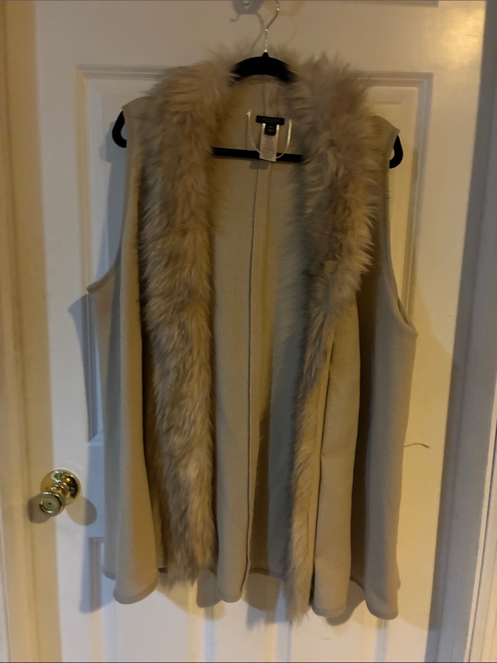 Ann Taylor Factory Faux Fur Trim Sleeveless Sweater Vest in Beige